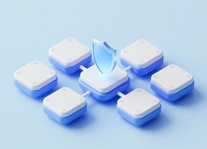 Isometric 3D model of a security data processing system with modular nodes and a central shield.