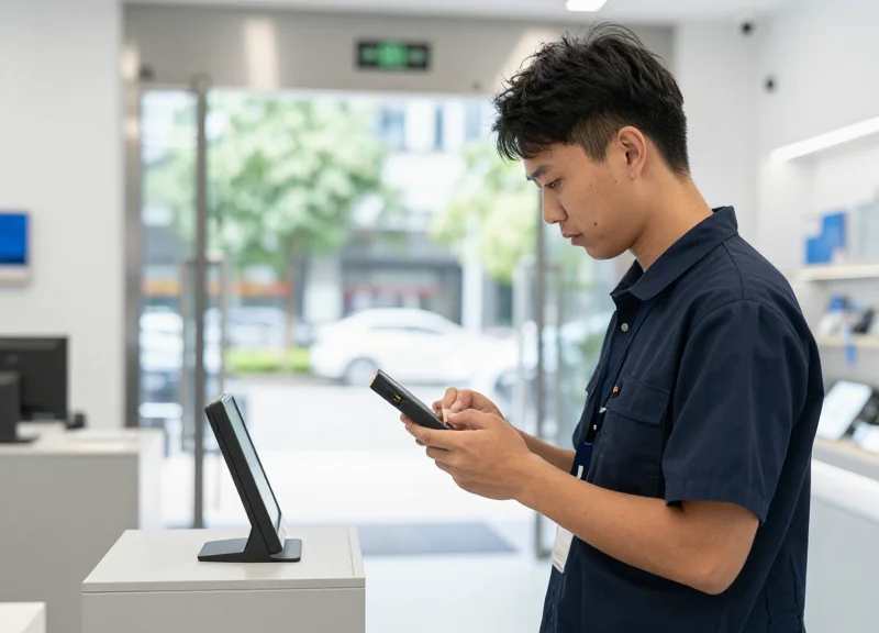 A professional technician using a signal detection device in a modern retail environment to map electronic noise.