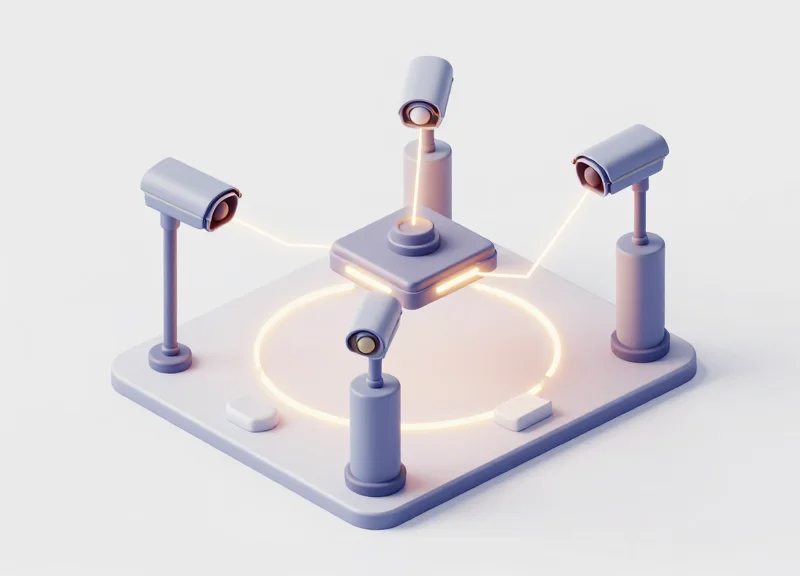 Isometric 3D model showing the integration of EAS security gates and RFID scanners in a retail environment