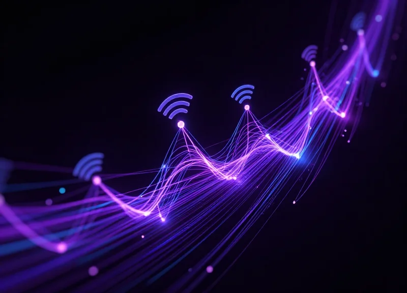 Abstract visualization of glowing data streams representing RFID and wireless security signals.