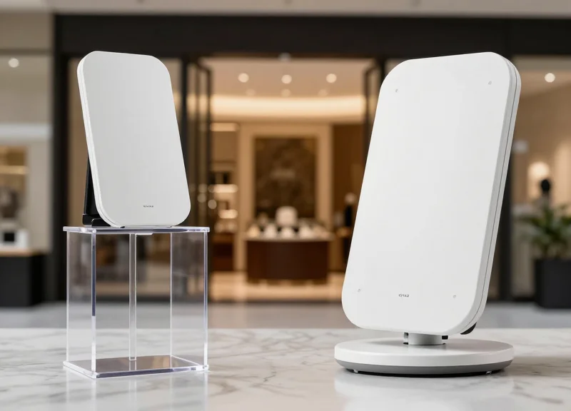 A side-by-side comparison of two different styles of modern retail security pedestals at a luxury store entrance, highlighting sleek design without floor modifications.