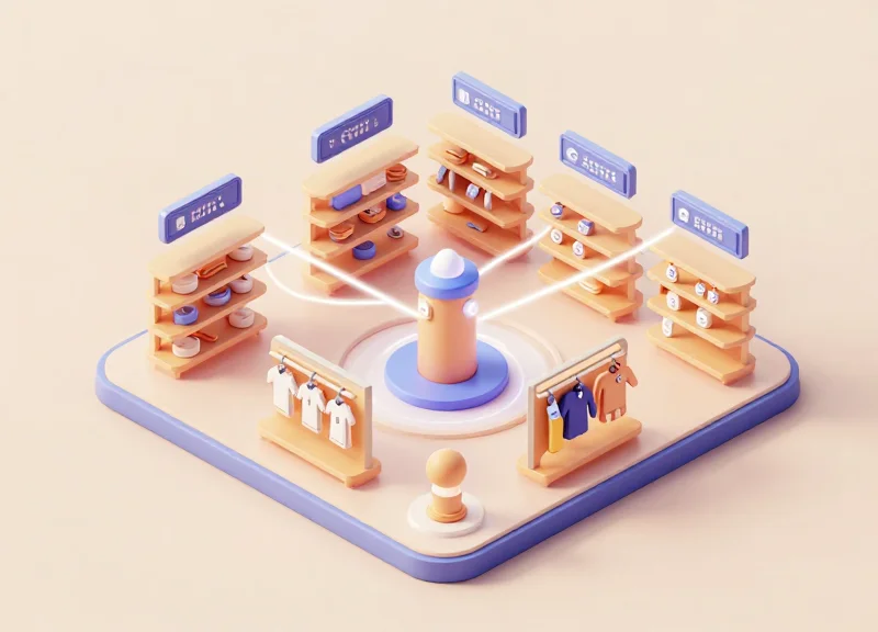 3D isometric layout of a retail shelf integrated with AM, RFID, and ESL technology.