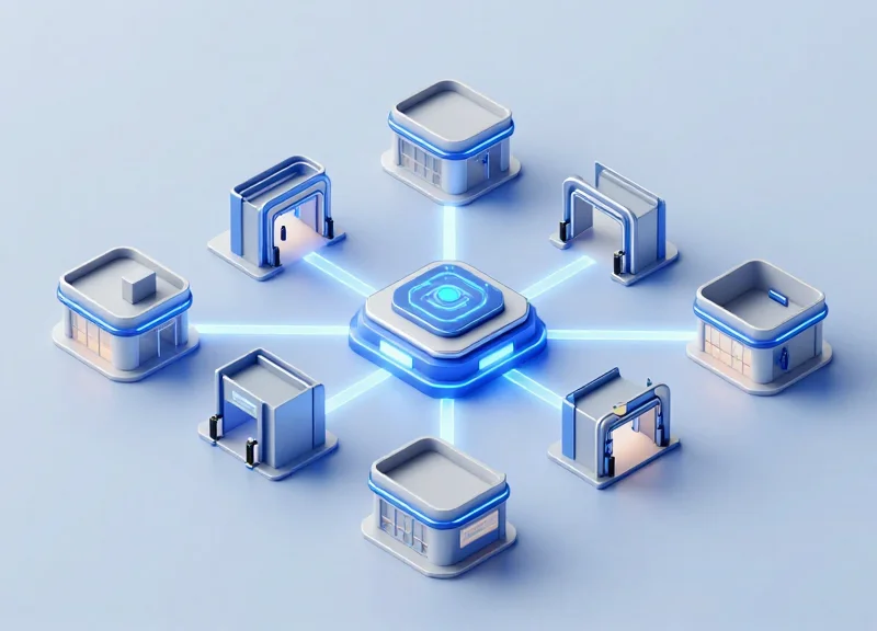 A professional isometric 3D illustration of a network of retail stores connected by glowing data paths, featuring abstract shop layouts and modern security gate modules.
