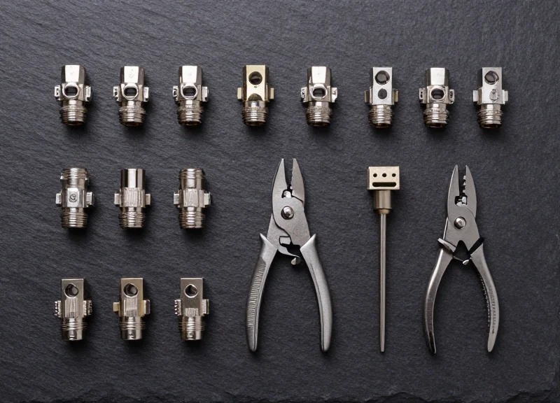 Top-down view of high-quality electrical connectors and installation tools.