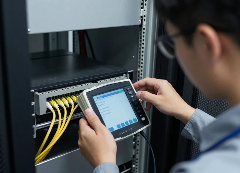 Technician using professional tools to test cable continuity.