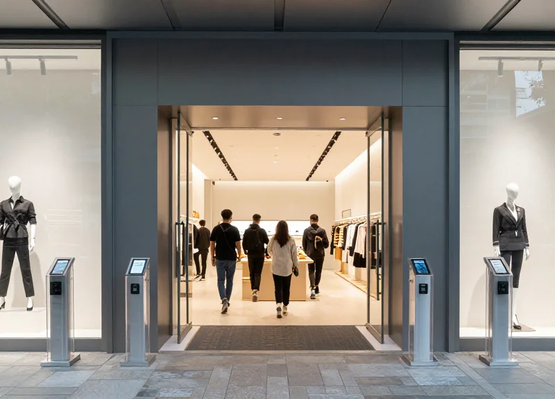 Modern high-end retail store entrance with sleek security pedestals and customers walking through.