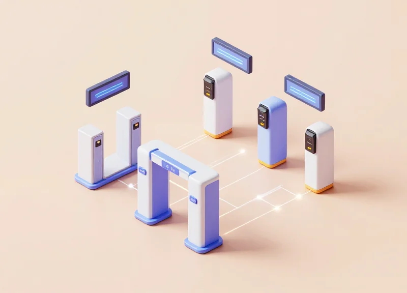 Isometric 3D model showing the integration of security sensors, RFID tags, and electronic shelf labels in a smart retail store.
