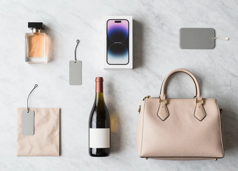 A variety of high-end products like perfume, electronics, and clothing neatly arranged with AM security tags.