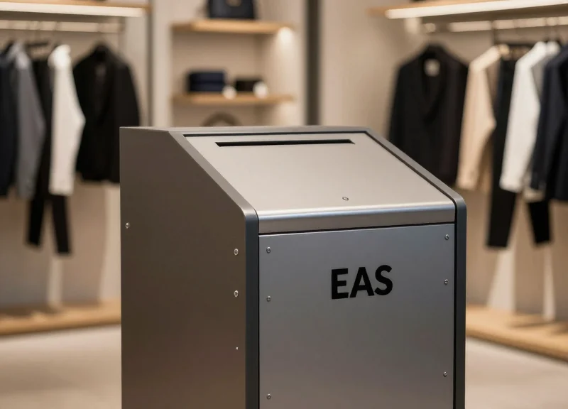 A sleek, newly refurbished white EAS security pedestal standing at the entrance of a modern fashion boutique, reflecting high-quality maintenance.