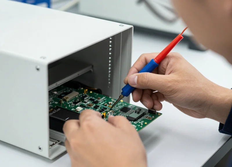 A technician inspecting an electronic security board in a controlled testing environment.