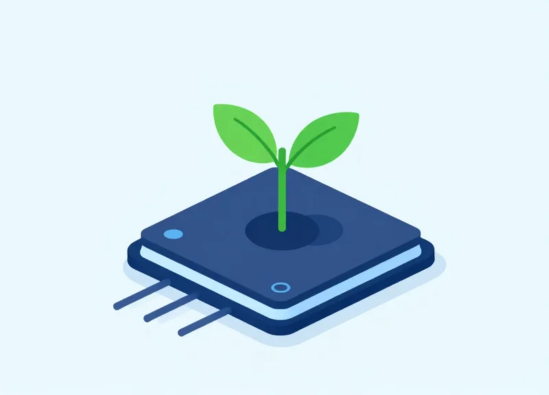 Metaphorical illustration of sustainable technology with a green leaf emerging from a digital circuit.
