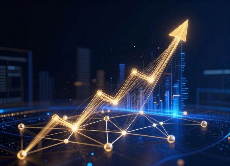 Abstract digital visualization of glowing financial growth lines and interconnected security nodes representing retail ROI and networked systems.