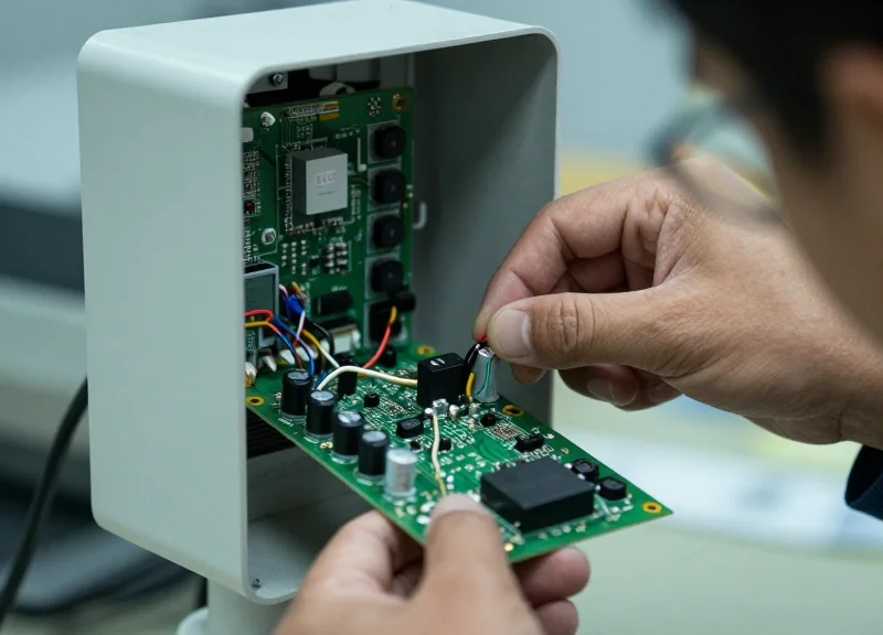 A technician's hand inspecting internal circuit boards of a retail security antenna.