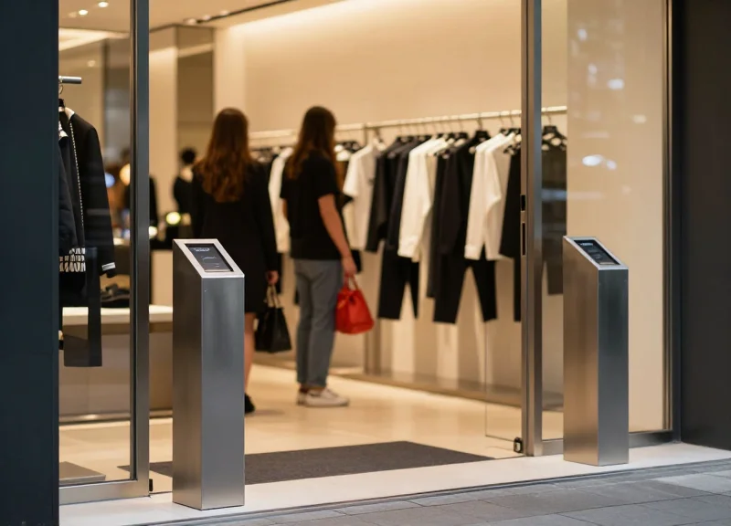 A modern high-end retail boutique entrance with visible electronic article surveillance pedestals and shoppers in the background.