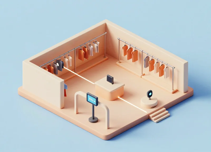 Isometric 3D model of a store floor plan showing integrated security systems including EAS and RFID tags.