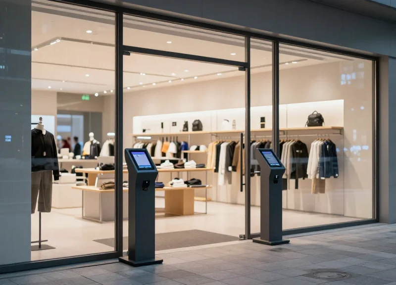 A modern retail store entrance featuring sleek, refurbished Electronic Article Surveillance pedestals under professional cinematic lighting, symbolizing next-gen store defense.