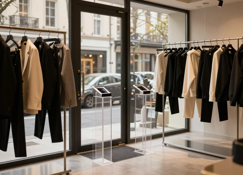Modern minimalist boutique interior with high-end fashion displays and elegant EAS security pedestals at the entrance.