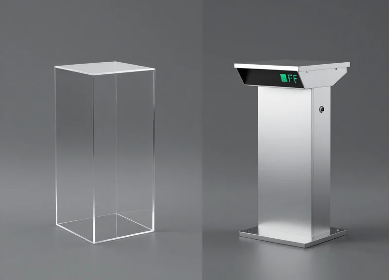 Side-by-side comparison of two different high-tech EAS security pedestals representing AM and RF technologies.