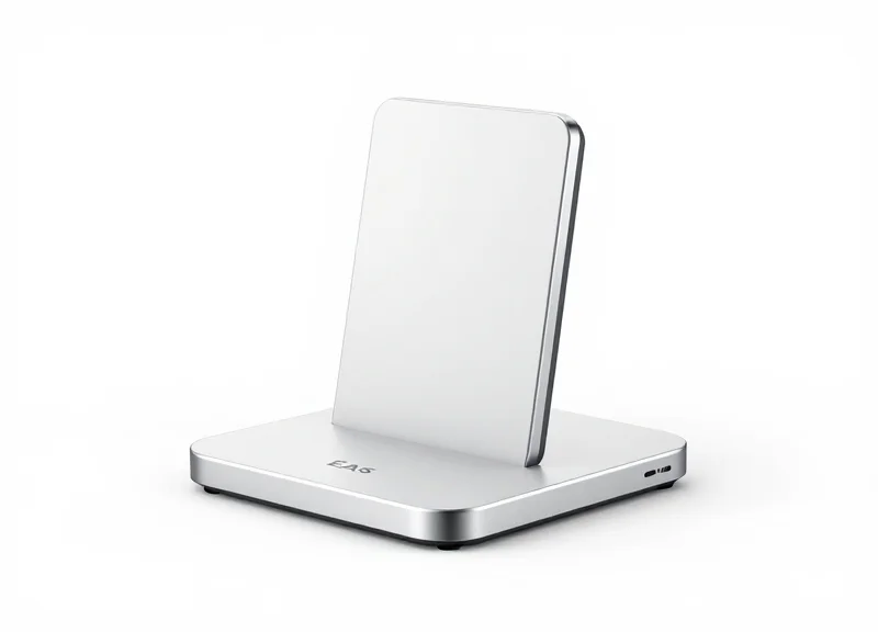 A sleek wireless and portable EAS security pedestal on a pure white background.