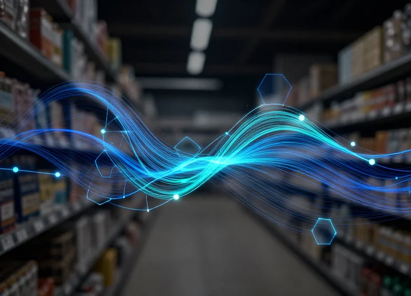 Abstract digital data visualization of RFID tracking and inventory intelligence in a retail setting.