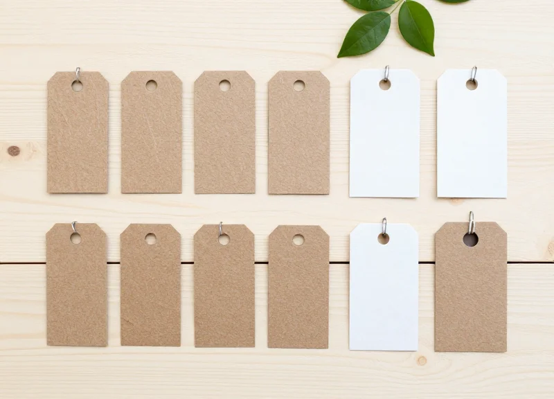 Flat lay photography of eco-friendly and sustainable retail security tags and labels.