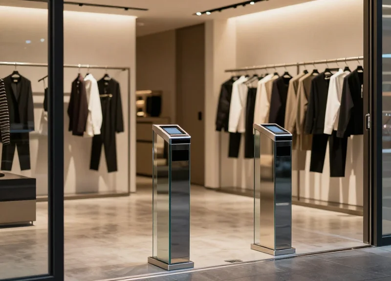 A pair of sleek, modern transparent security pedestals standing at the entrance of a high-end fashion boutique with minimalist interior design.