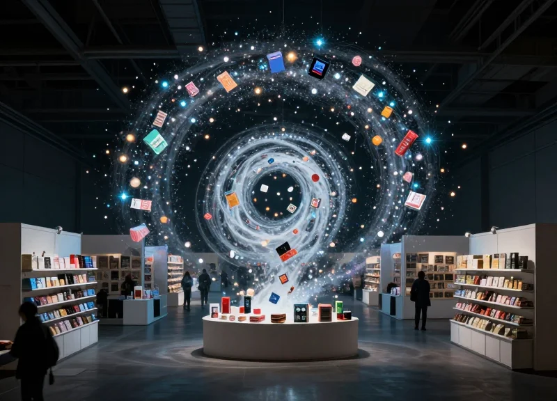 Surreal art showing a whirlpool of glowing particles pulling merchandise items into a booth floor, symbolizing inventory shrinkage.