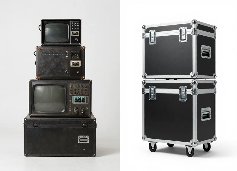 Comparison between a stack of old dusty equipment and a sleek modern rental equipment flight case.