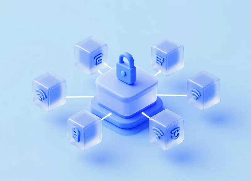 Isometric 3D model of an integrated security ecosystem with connected RFID and EAS modules.
