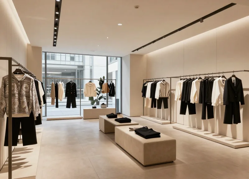 Wide shot of a modern, upscale retail clothing store with clean displays and minimalist decor.