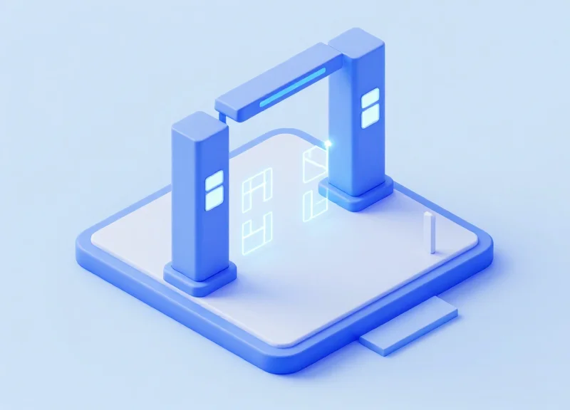 3D model showing the spatial layout of two security pedestals at a store entrance with glowing detection waves.