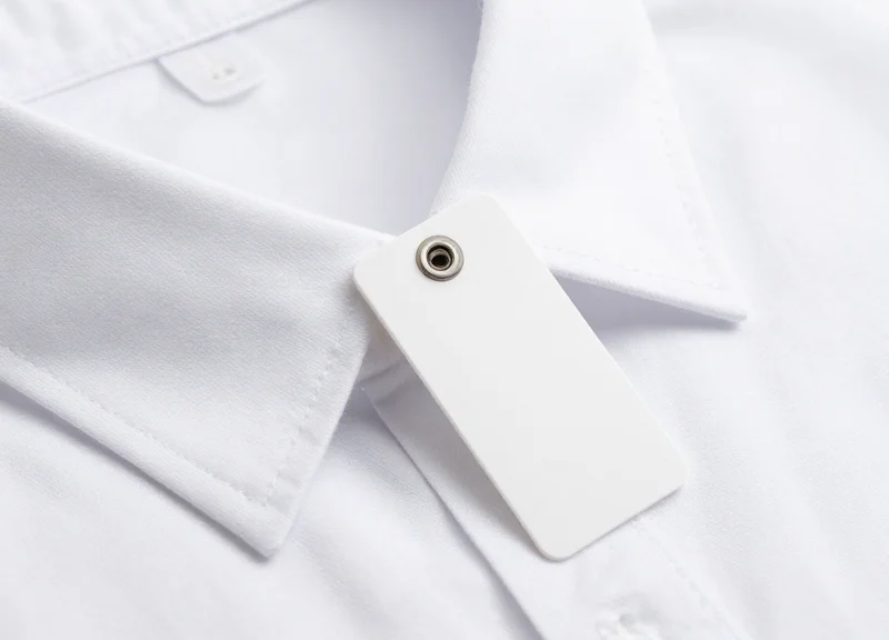 Macro shot of a high-quality non-damaging security tag attached to a fabric sample.