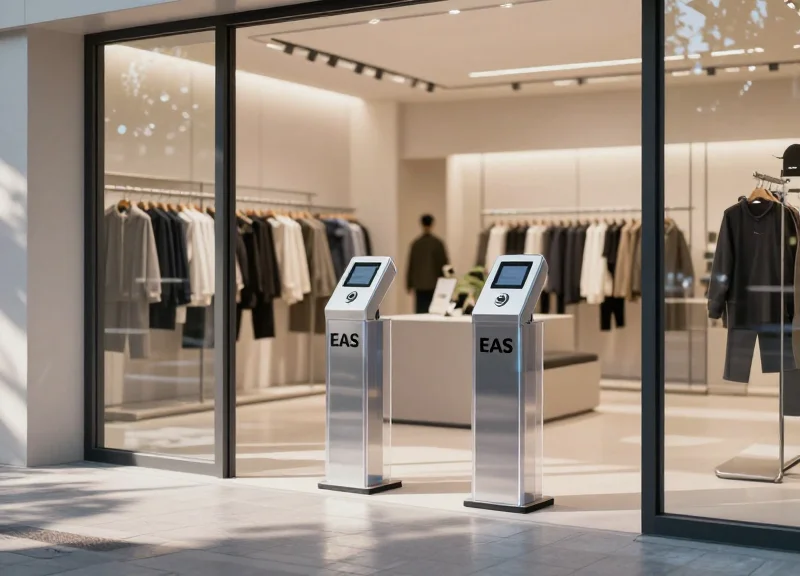 A pair of sleek, modern EAS security pedestals standing at the entrance of a bright, contemporary retail store with blurred clothing racks in the background.