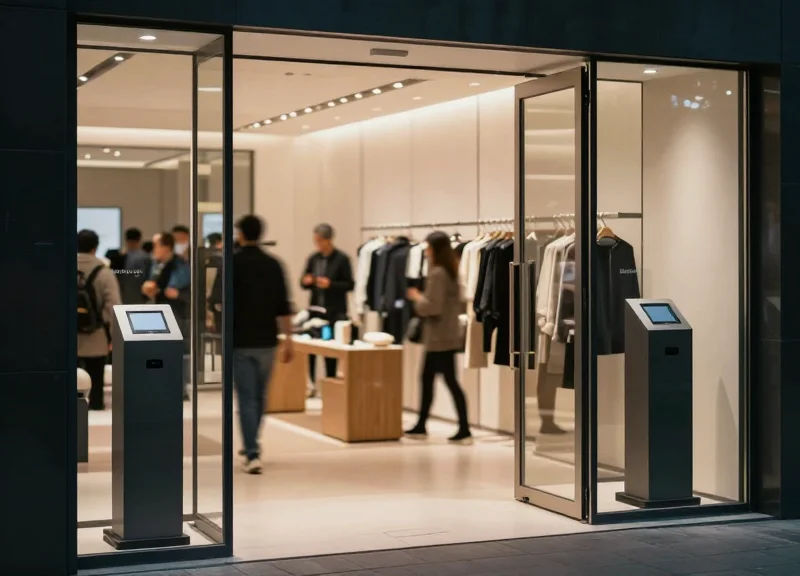 A modern retail store entrance featuring high-tech security pedestals with a blurred shopping environment in the background.