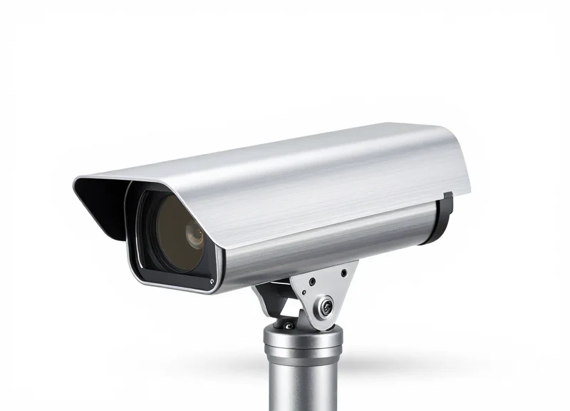 Close-up shot of a sleek modern EAS antenna pedestal with a brushed metal finish and acrylic panels.