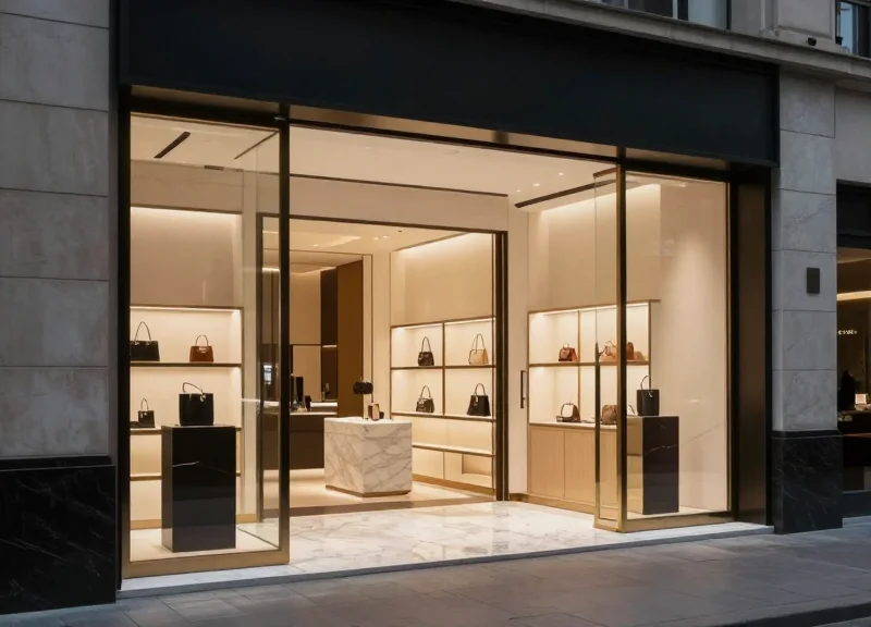 A high-end luxury boutique entrance with subtle security pedestals and elegant interior