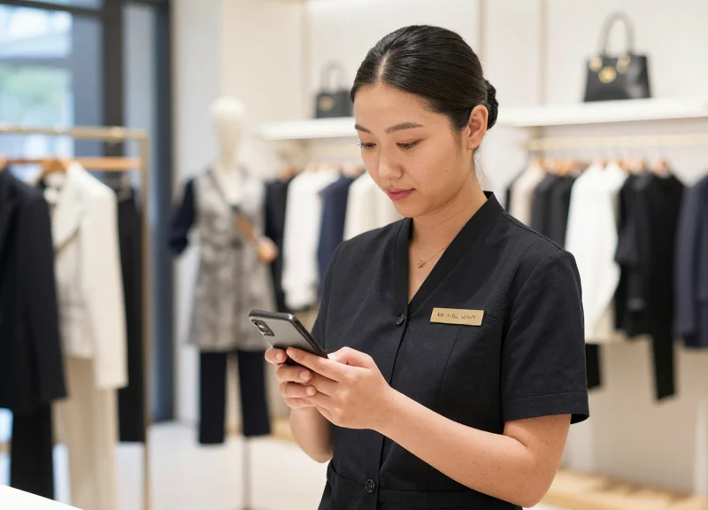 Boutique staff member using a mobile device for store security monitoring