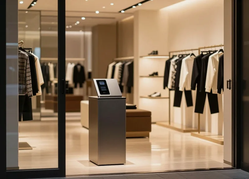 A luxury boutique interior with modern, sleek security detection pedestals at the entrance, soft cinematic lighting, and designer clothing in the background.