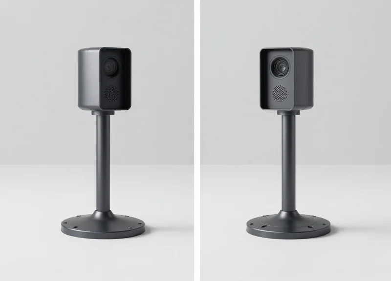 Side-by-side comparison of two modern industrial EAS sensor pedestals.