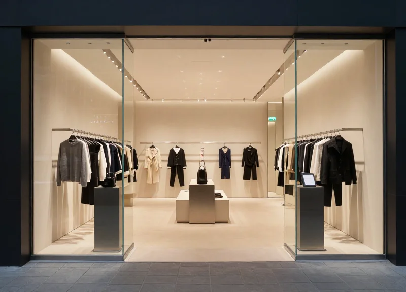 A high-end futuristic retail store environment in 2026 with sleek security hardware integrated into the design.