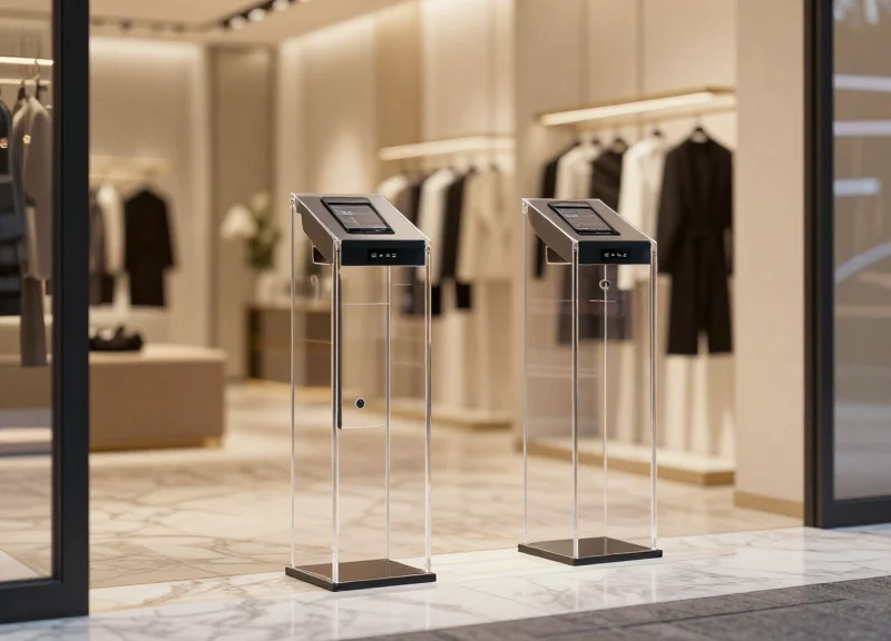 A pair of sleek, modern acrylic EAS security pedestals standing at the entrance of a high-end luxury fashion store with a blurred boutique interior in the background.