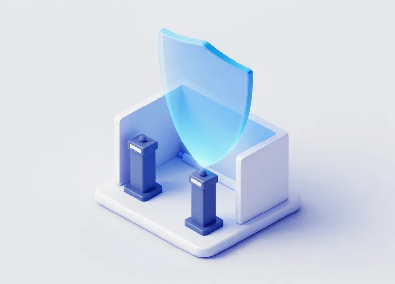 Isometric 3D model of a store entrance with a protective glowing blue shielding field around security gates.