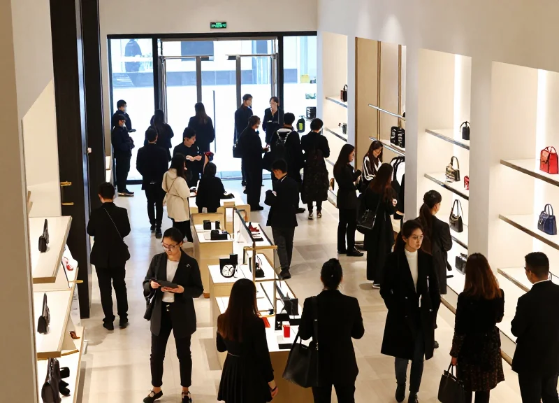 A wide-angle shot of a busy luxury department store showing high customer traffic and security presence.