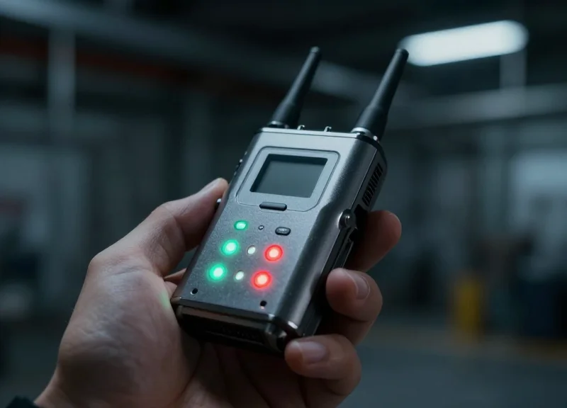 A close-up shot of a sophisticated electronic device emitting signals in a high-tech setting.