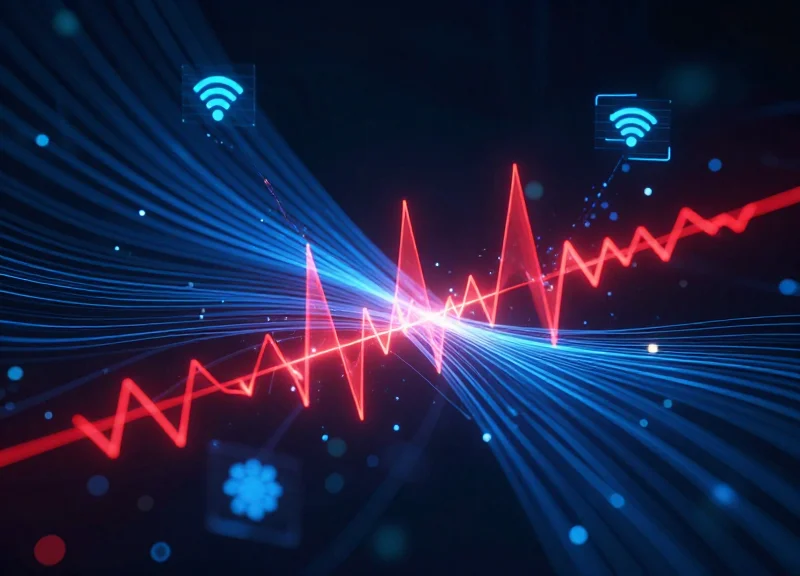 A digital visualization of glowing blue radio frequency waves being disrupted by sharp red jagged interference patterns in a dark technological space.