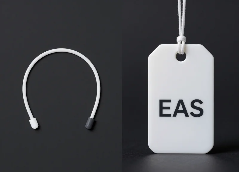 Side-by-side comparison of a standard RFID label and a heavy-duty EAS hard tag.
