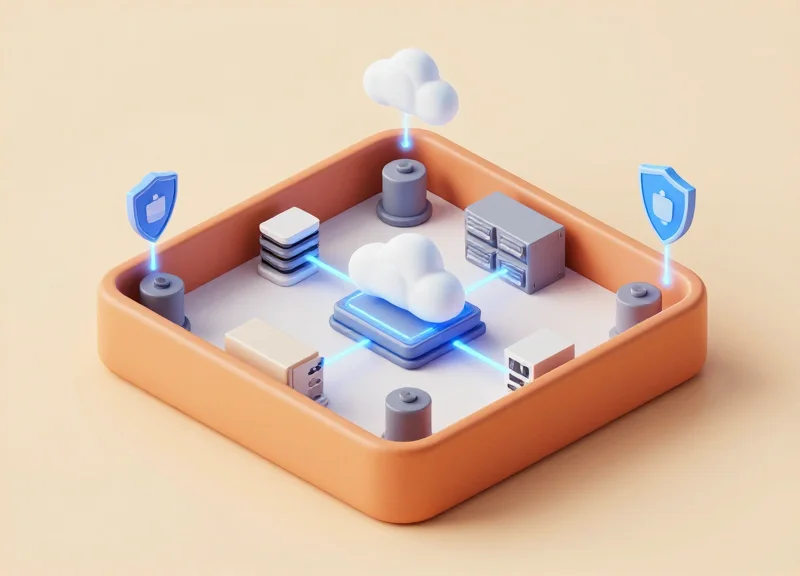 3D isometric model showing a retail store security network with connected modules and cloud icons.