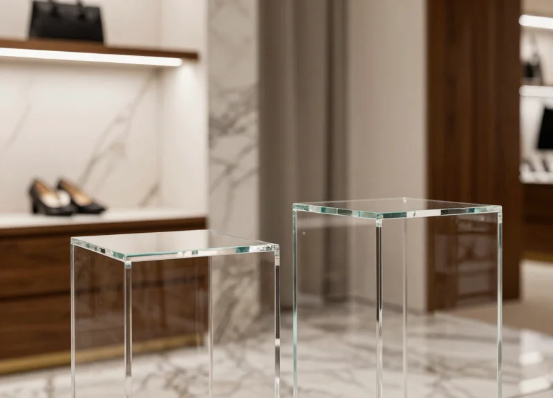 Close-up of a luxurious boutique interior featuring elegant glass EAS pedestals blending with high-end decor.
