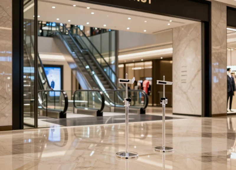 A modern luxury boutique entrance with sleek, transparent electronic article surveillance pedestals, situated near polished glass mall elevators in a brightly lit, high-end shopping center.