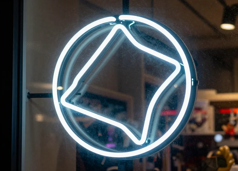 A vibrant glowing neon tube sign in a retail window at night, illustrating the source of electromagnetic interference with subtle visual static.